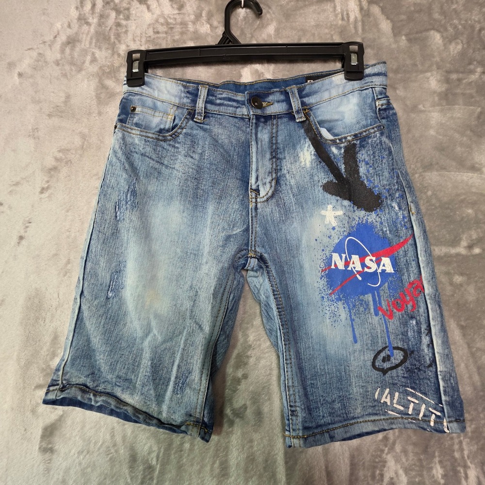 Southpole NASA Graphic Denim Shorts Light Wash Distressed Stretch Size 8